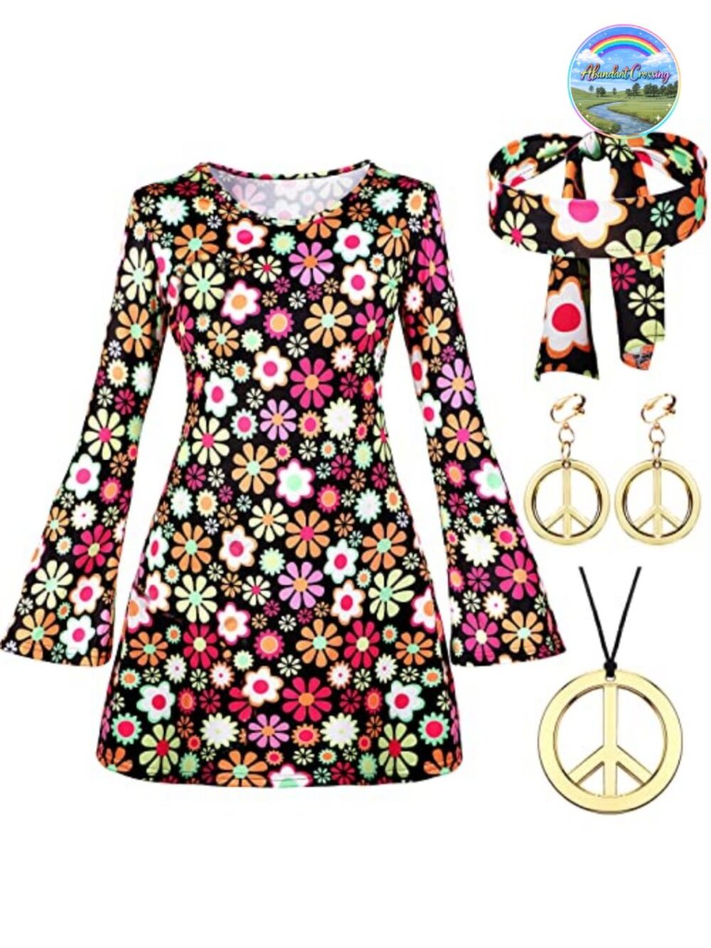 70s Disco Costume Dress Set Bell Sleeve Hippie Peace Sign Jewelry Headband